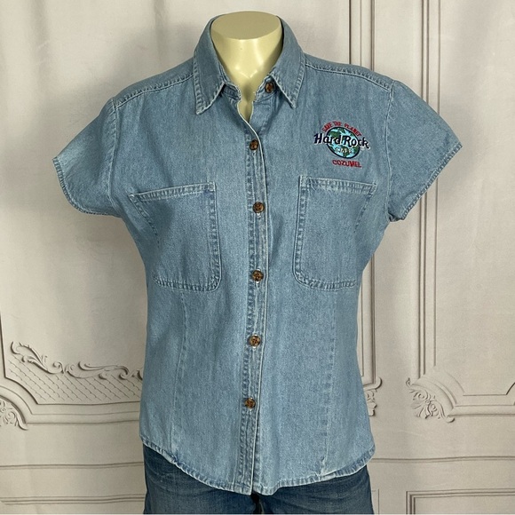 Hard Rock Cafe Tops - Vintage Hard Rock Cafe Cozumel Genuine Original Ladies Cap Sleeve Denim Top Lg